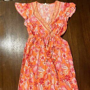 (SOLD) BeBop maxi dress, orange with pink flowers